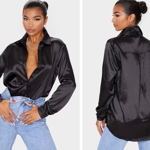 NWOT PrettyLittleThing black satin button down